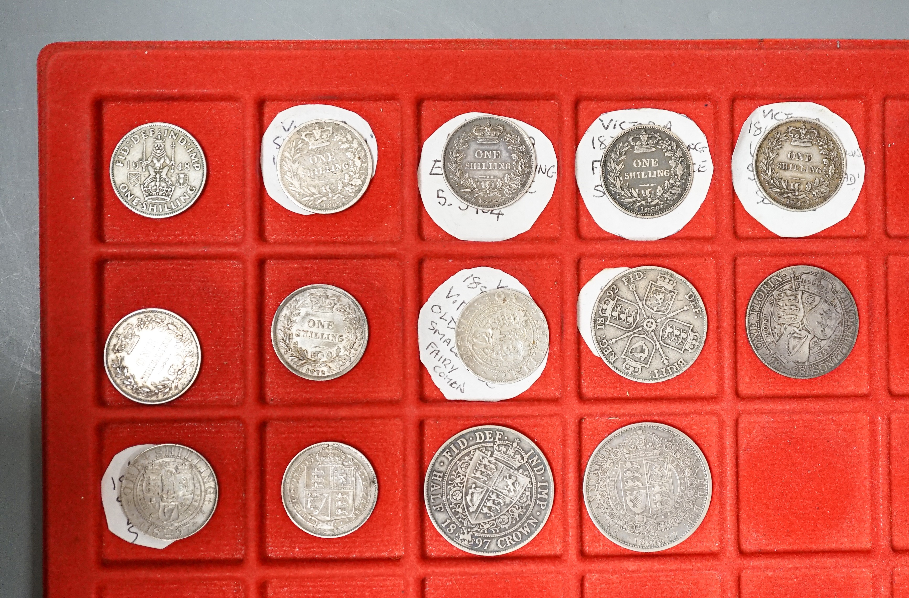 UK coins, Victoria silver coins, halfcrowns 1887, 1897, florins 1892, 1898, shillings 1839, 1846, 1842, 1872, 1818, 1896, 1897 and an 1881 sixpence, VG to EF